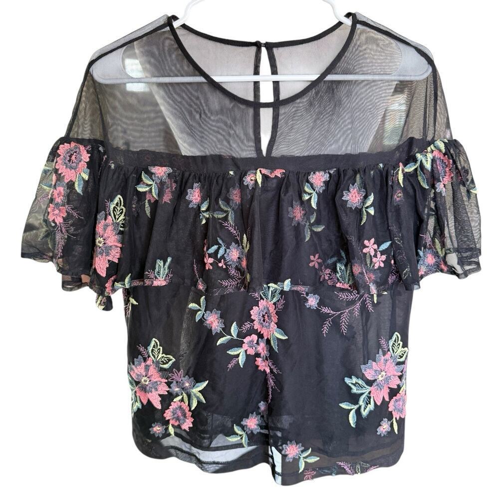BB Dakota Sheer Embroidered Floral Top Womens M Black Whimsigoth romanticgoth